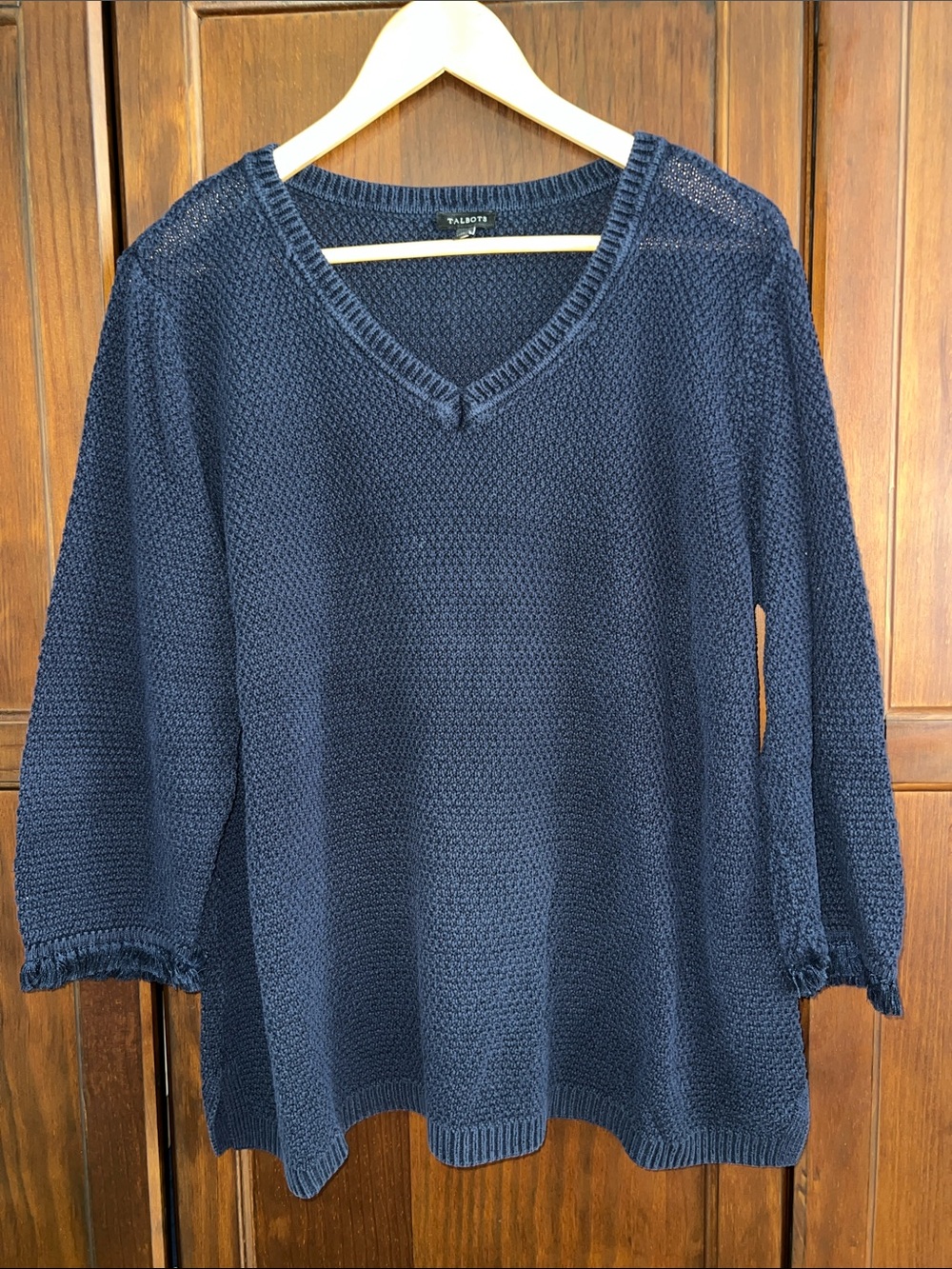 Talbots Navy Blue 100% Cotton Open Knit V-Neck Sweater Fringe Sleeve XL